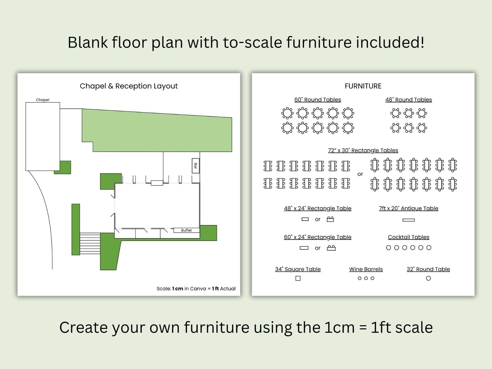 Example venue floor plan template with a to-scale furniture library