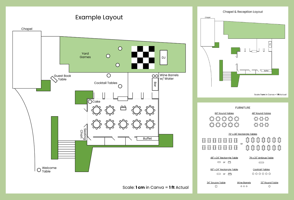 A set of to-scale venue floor plan template pages built in Canva
